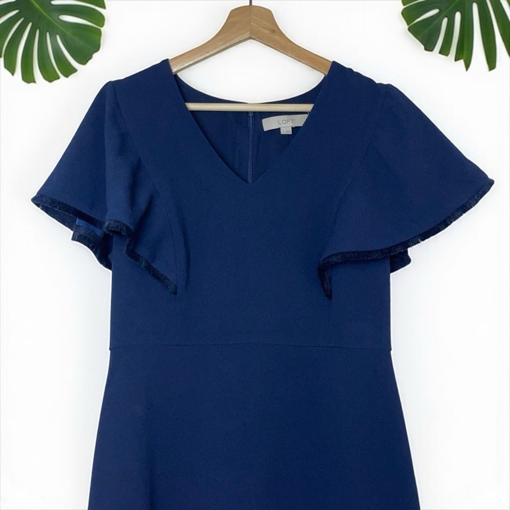 LOFT Fringe Trimmed Flutter Sleeve Dress in Navy - Picture 8 of 11